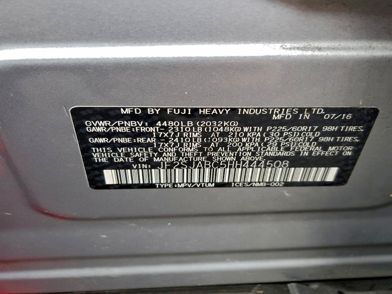 2017 Subaru Forester 2.5I VIN: JF2SJABC5HH444508 Lot: 92819365