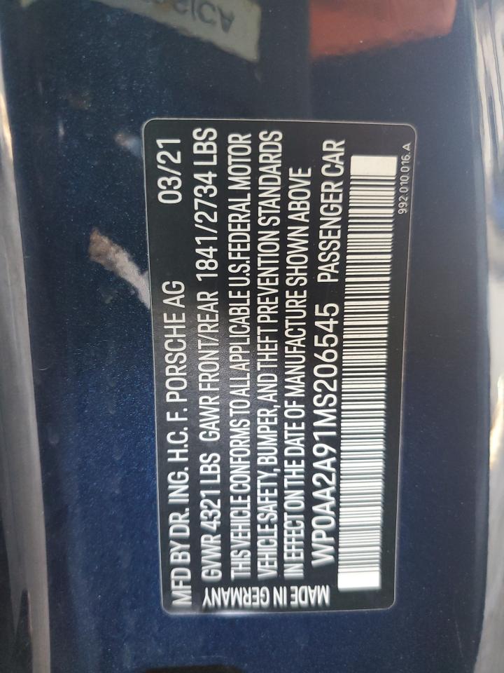 2021 Porsche 911 Carrera VIN: WP0AA2A91MS206545 Lot: 91831225