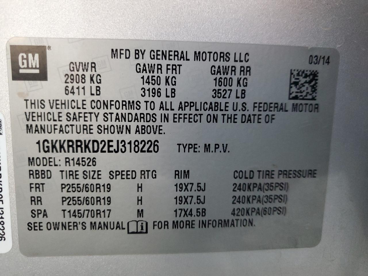 2014 GMC Acadia Slt-1 VIN: 1GKKRRKD2EJ318226 Lot: 91124335