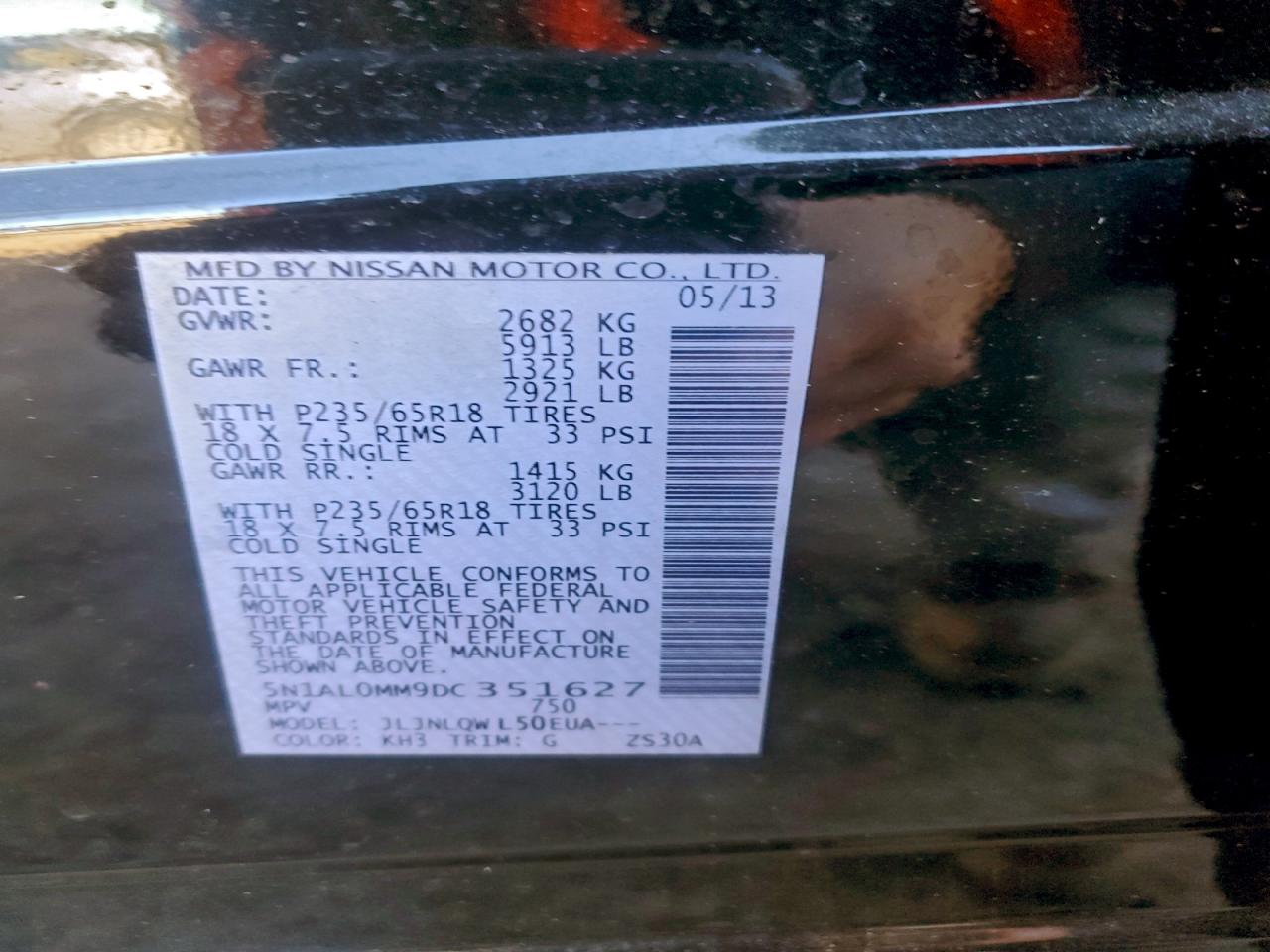 2013 Infiniti Jx35 VIN: 5N1AL0MM9DC351627 Lot: 93905465