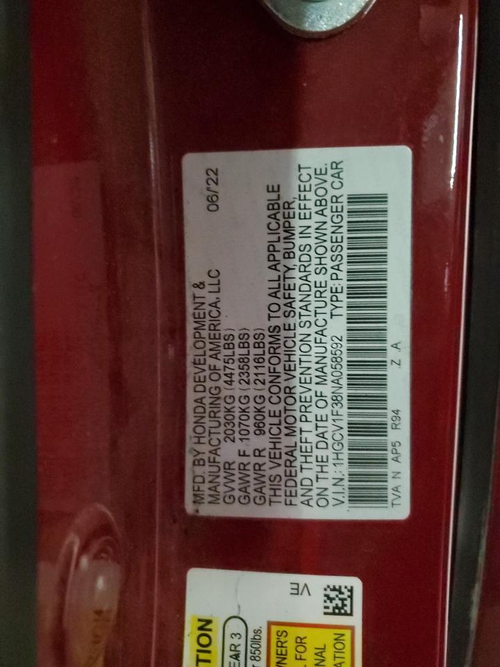 2022 Honda Accord Sport VIN: 1HGCV1F38NA058592 Lot: 91139145