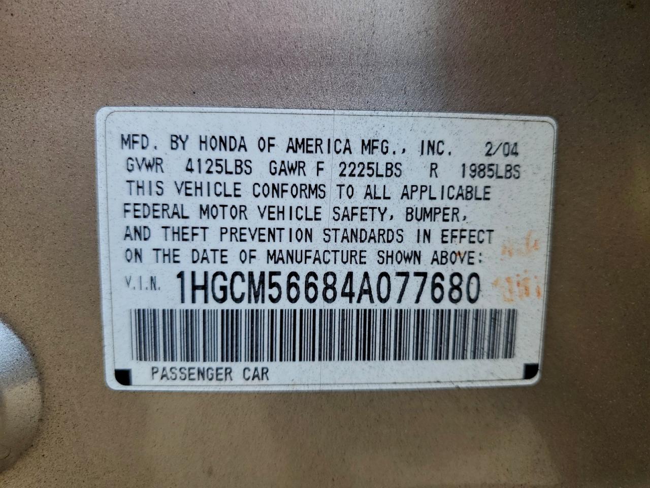 2004 Honda Accord Ex VIN: 1HGCM56684A077680 Lot: 94557265