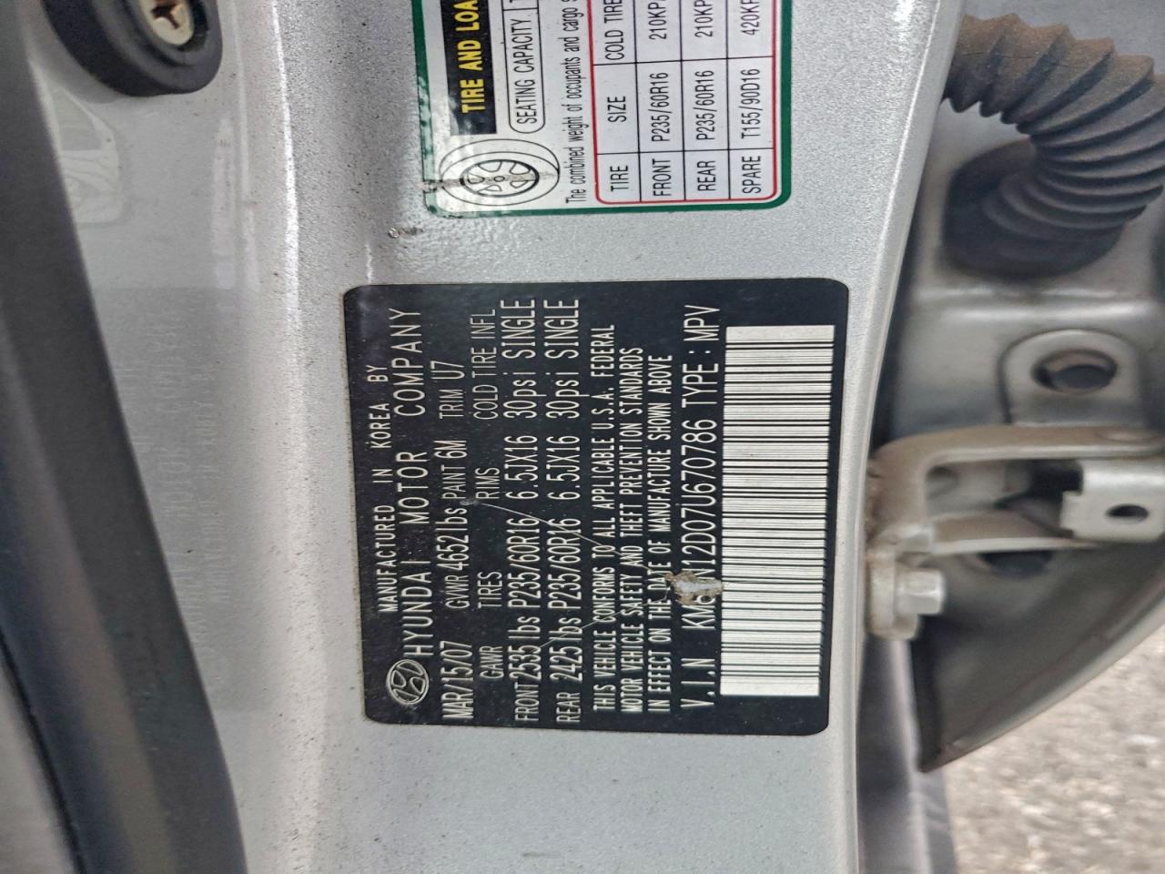 2007 Hyundai Tucson Se VIN: KM8JN12D07U670786 Lot: 94045455