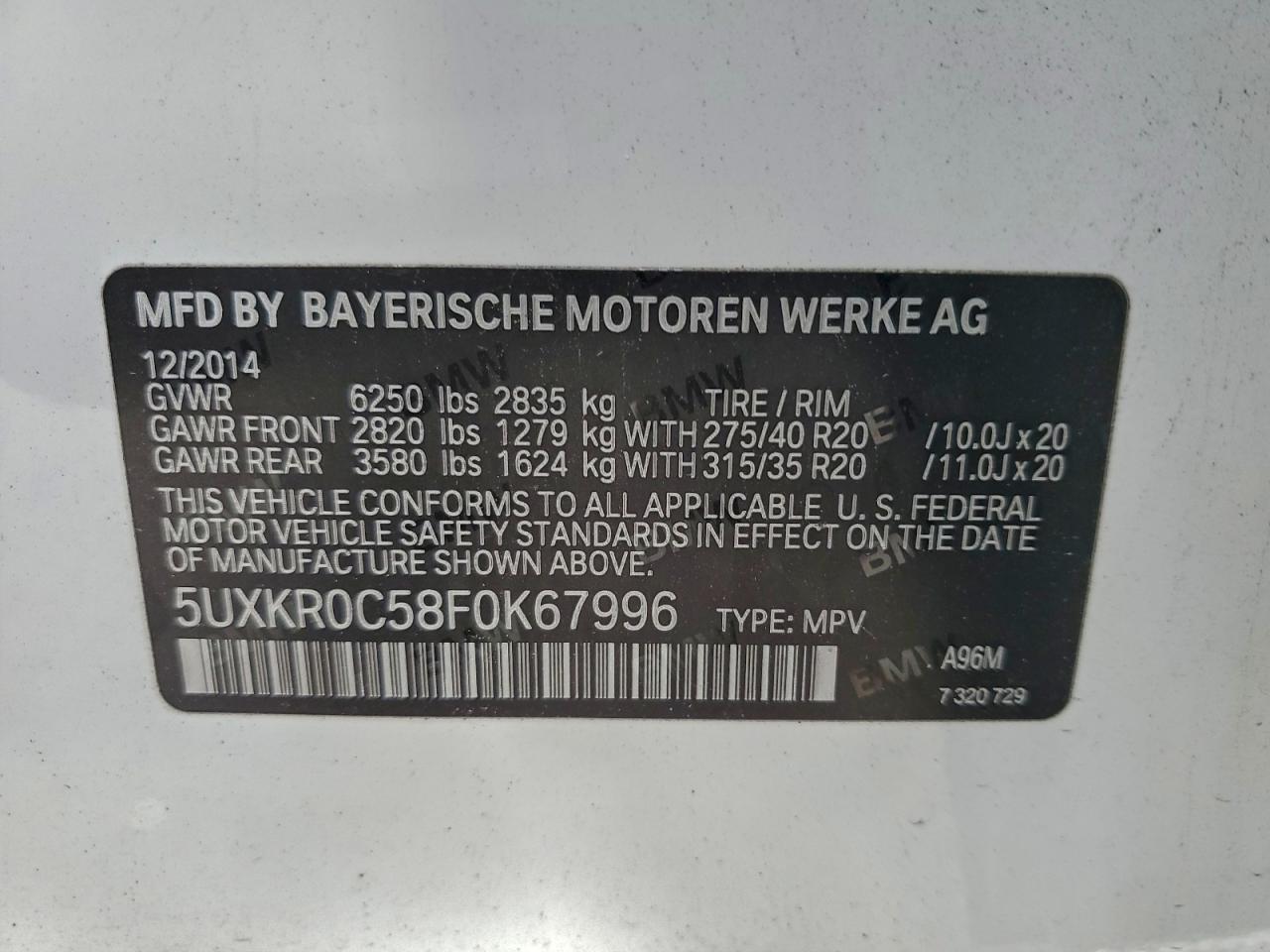 2015 BMW X5 xDrive35I VIN: 5UXKR0C58F0K67996 Lot: 93469255