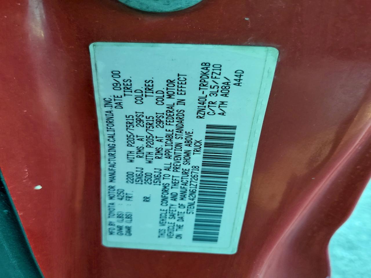 2001 Toyota Tacoma VIN: 5TENL42N61Z726718 Lot: 94500705