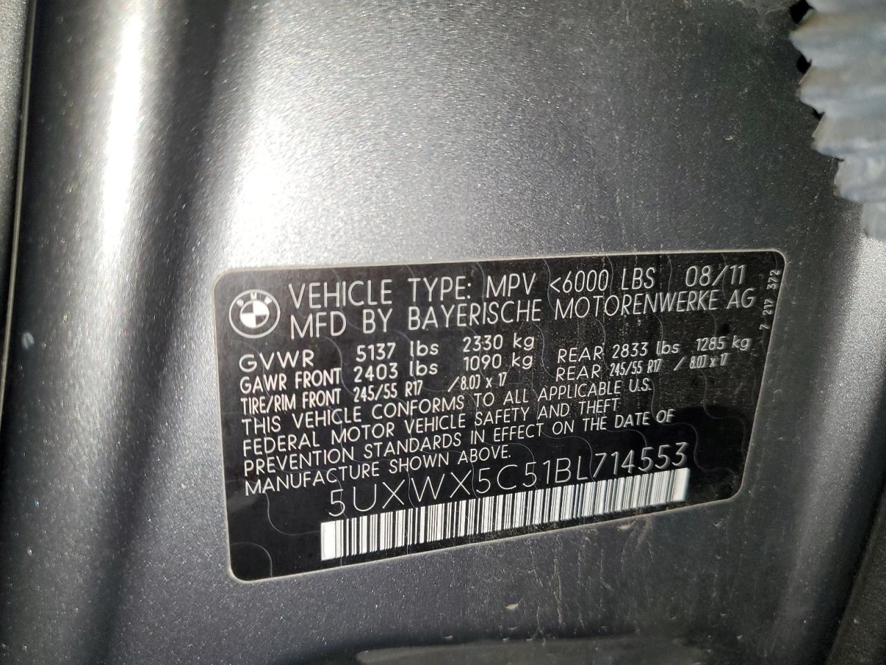 2011 BMW X3 xDrive28I VIN: 5UXWX5C51BL714553 Lot: 93922755