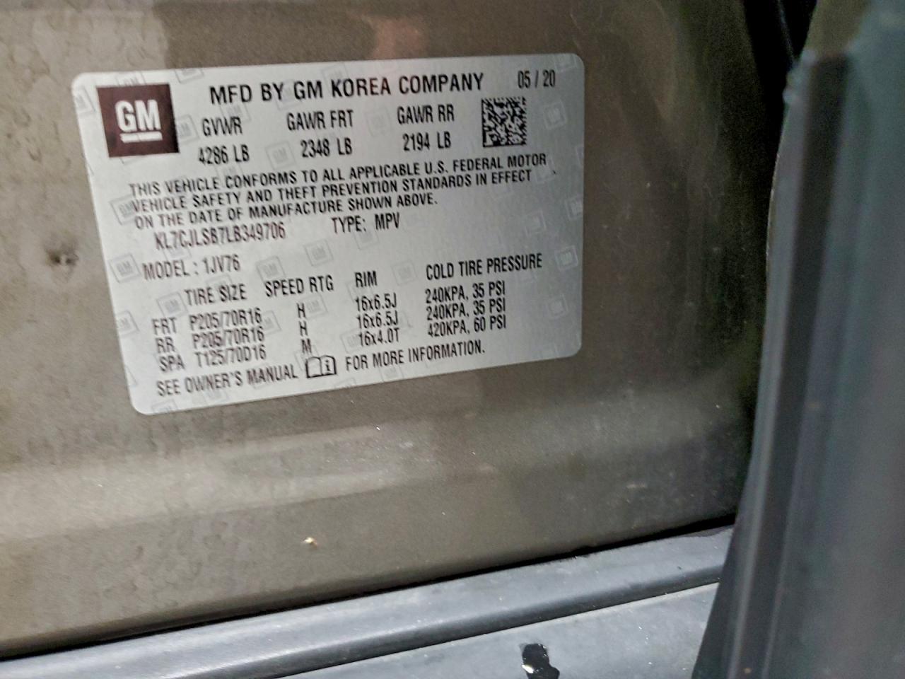 2020 Chevrolet Trax 1Lt VIN: KL7CJLSB7LB349706 Lot: 94255335