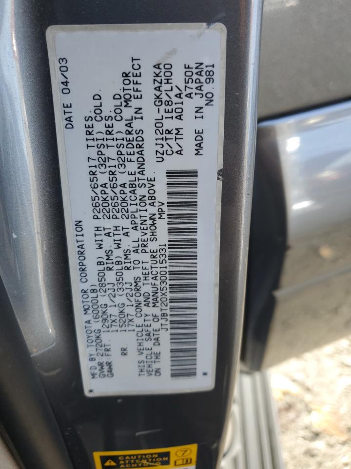 2003 Lexus Gx 470 VIN: JTJBT20X530015331 Lot: 90753825