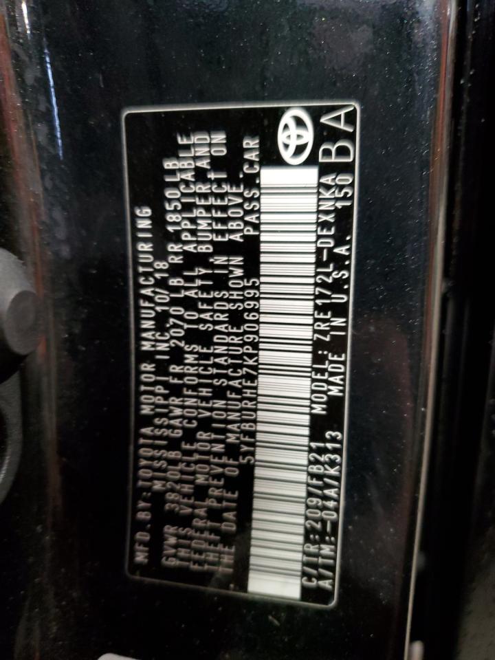 2019 Toyota Corolla L VIN: 5YFBURHE7KP906995 Lot: 93691345