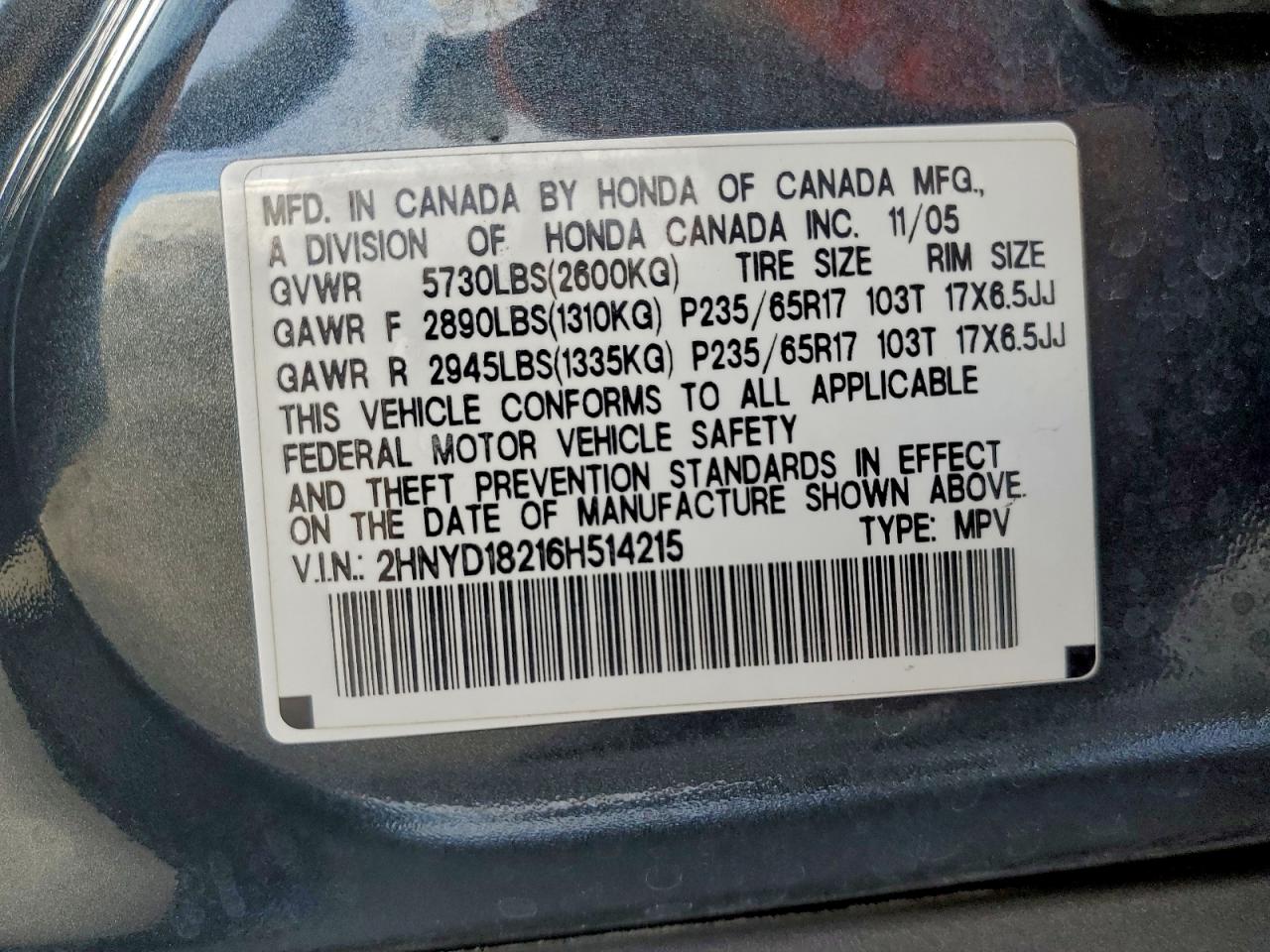 2006 Acura Mdx VIN: 2HNYD18216H514215 Lot: 94073625