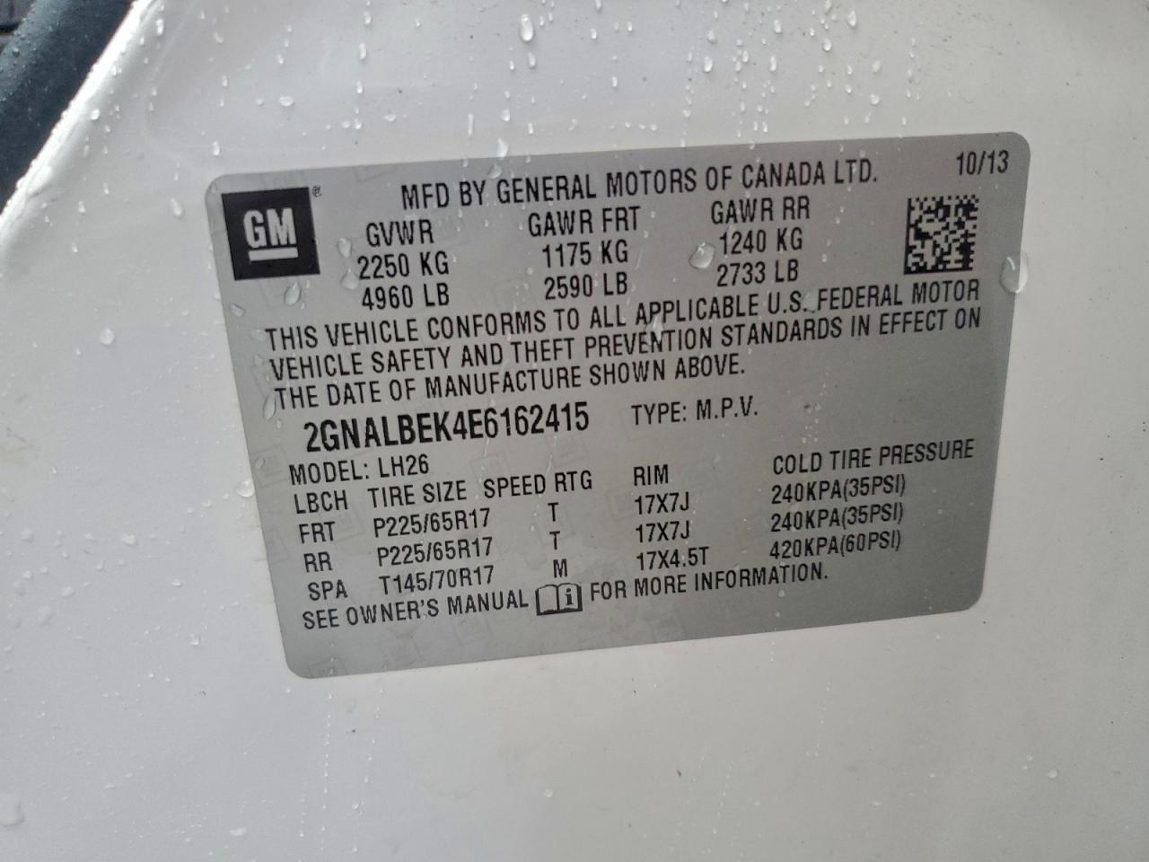 2014 Chevrolet Equinox Lt VIN: 2GNALBEK4E6162415 Lot: 93633285