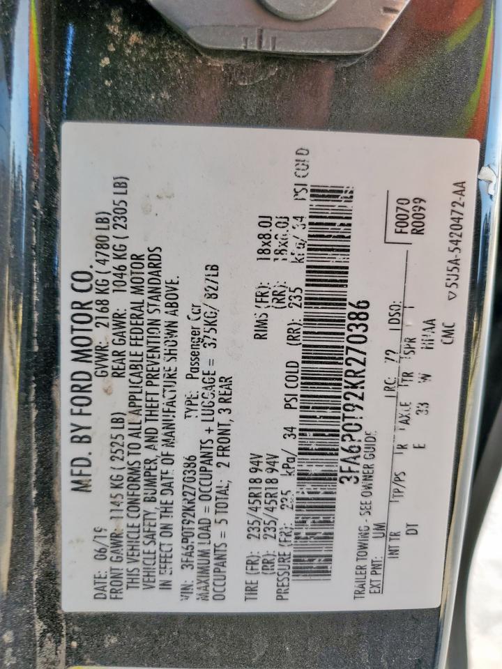 2019 Ford Fusion Se VIN: 3FA6P0T92KR270386 Lot: 93610185