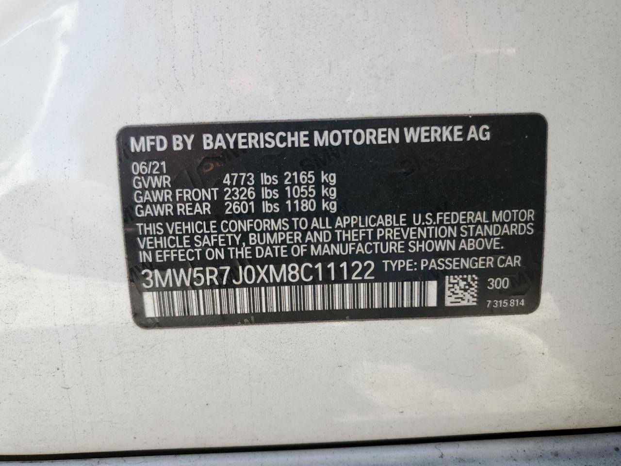 2021 BMW 330Xi VIN: 3MW5R7J0XM8C11122 Lot: 92596735