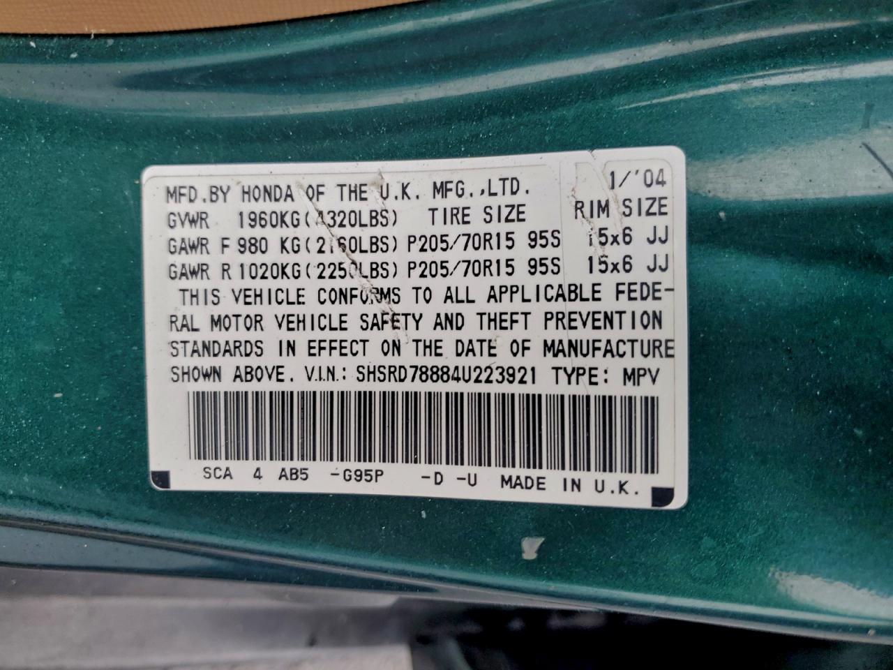 2004 Honda Cr-V Ex VIN: SHSRD78884U223921 Lot: 93786925