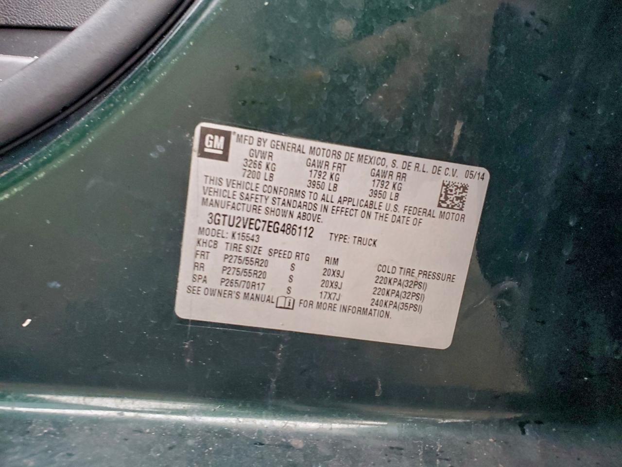 2014 GMC Sierra K1500 Slt VIN: 3GTU2VEC7EG486112 Lot: 94917235