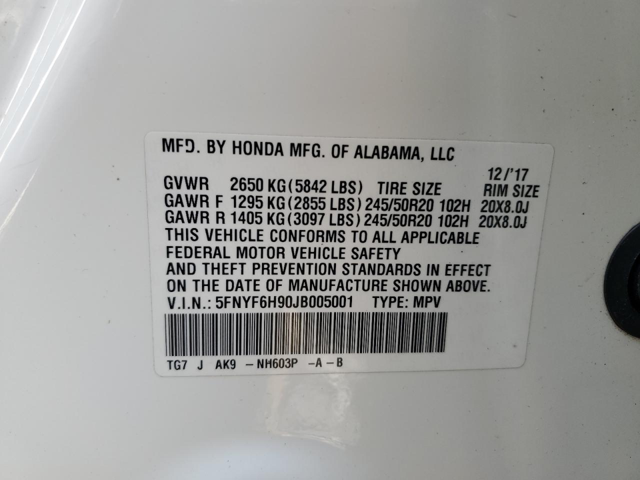 2018 Honda Pilot Touring VIN: 5FNYF6H90JB005001 Lot: 93022145