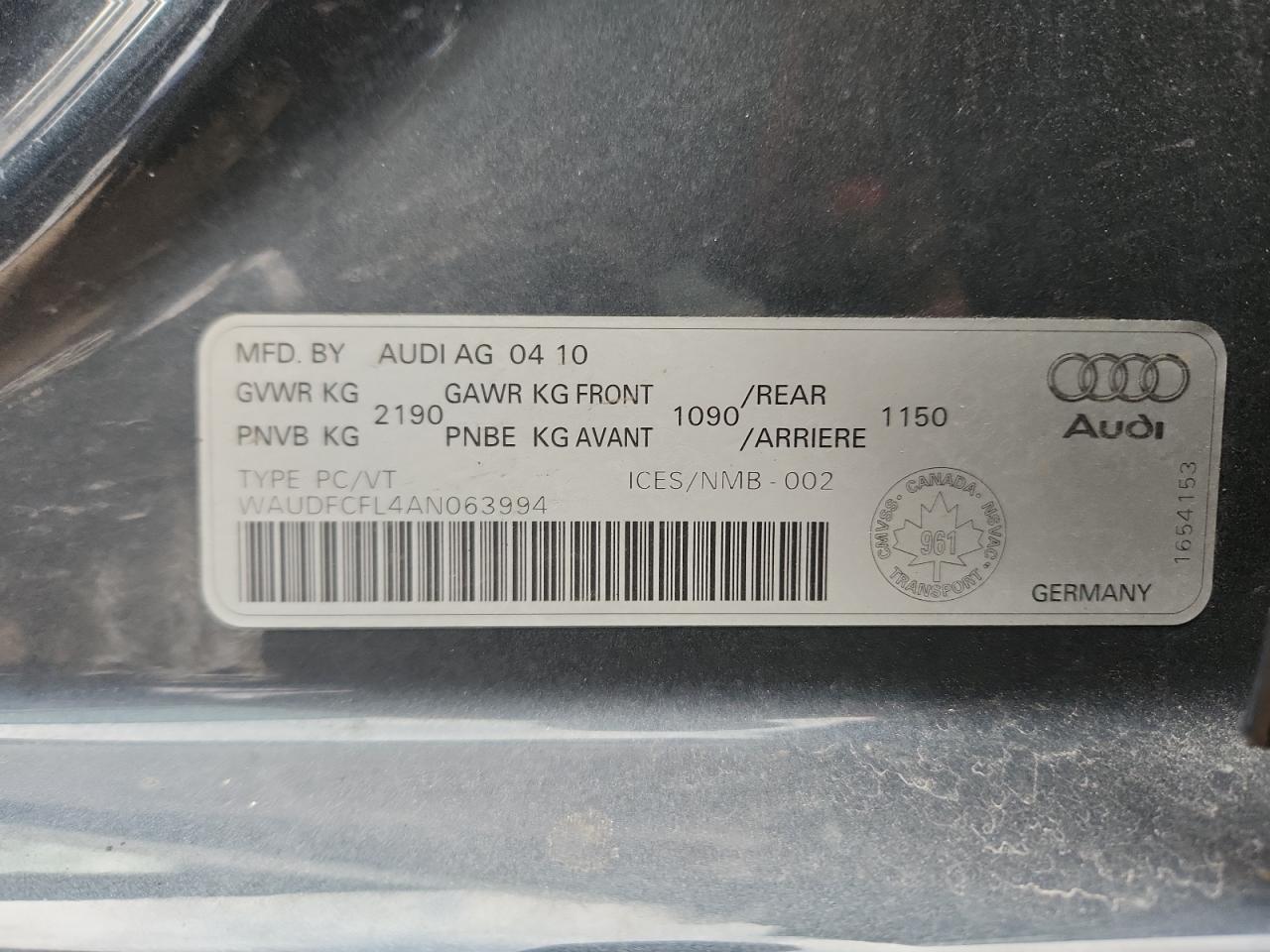 2010 Audi A4 Premium VIN: WAUDFCFL4AN063994 Lot: 91556215