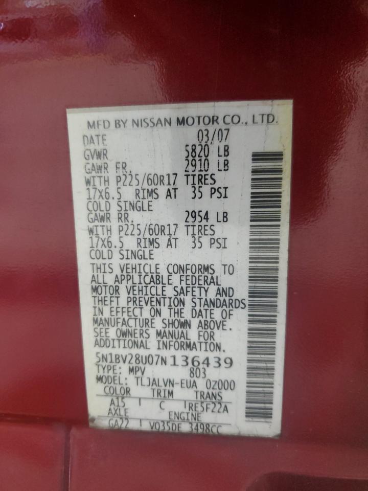 2007 Nissan Quest S VIN: 5N1BV28U07N136439 Lot: 90392935