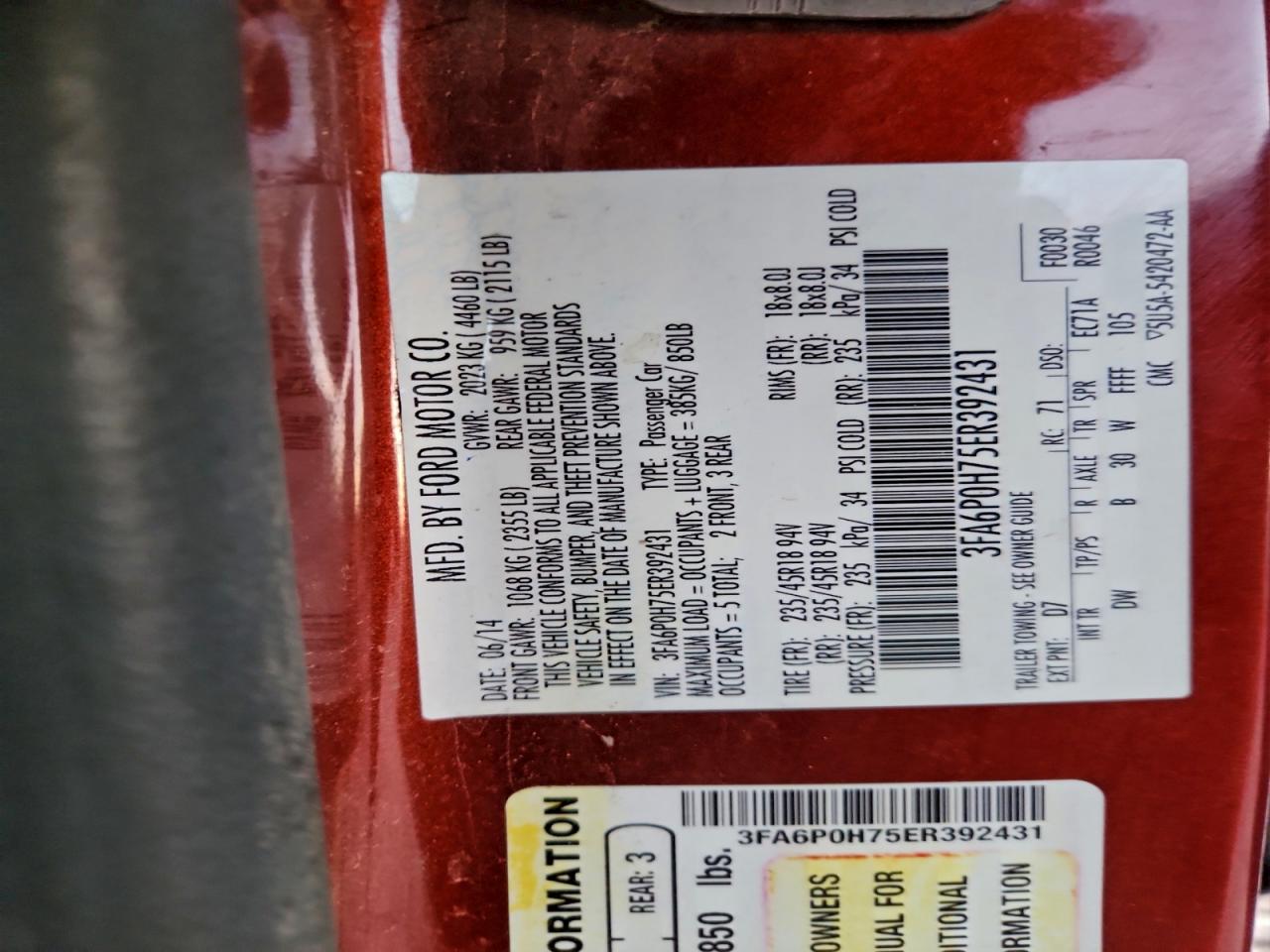 2014 Ford Fusion Se VIN: 3FA6P0H75ER392431 Lot: 93852475