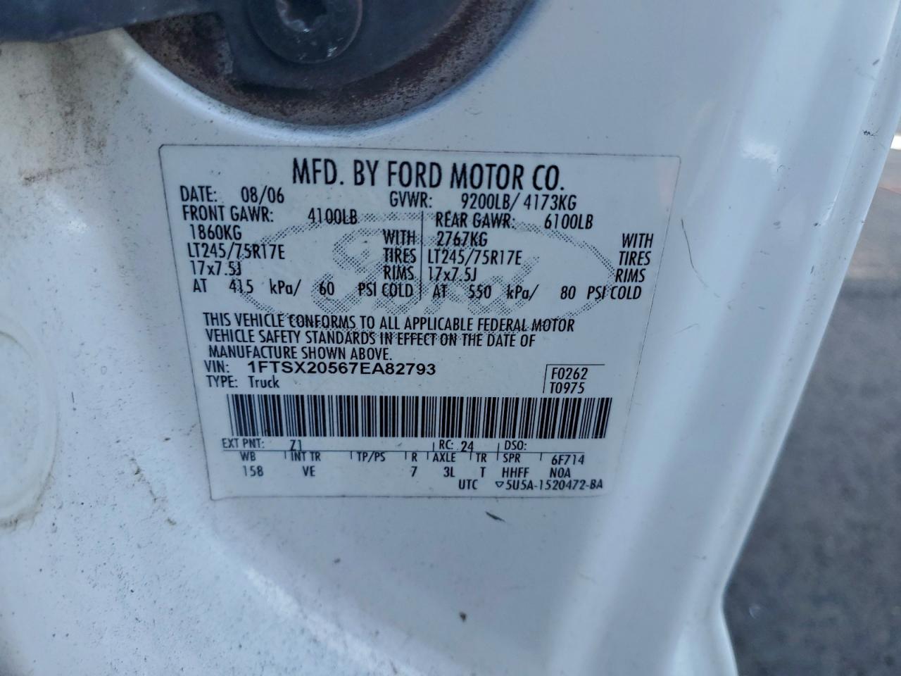 2007 Ford F250 Super Duty VIN: 1FTSX20567EA82793 Lot: 93807195