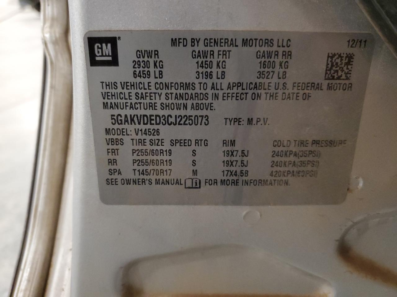 2012 Buick Enclave VIN: 5GAKVDED3CJ225073 Lot: 93131385