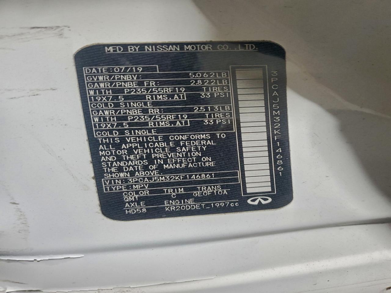 2019 Infiniti Qx50 Essential VIN: 3PCAJ5M32KF146861 Lot: 94117845