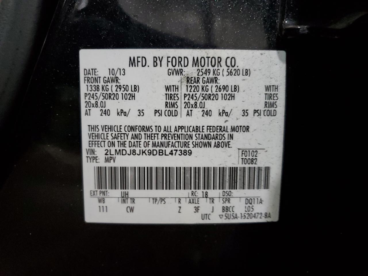 2013 Lincoln Mkx VIN: 2LMDJ8JK9DBL47389 Lot: 93170115