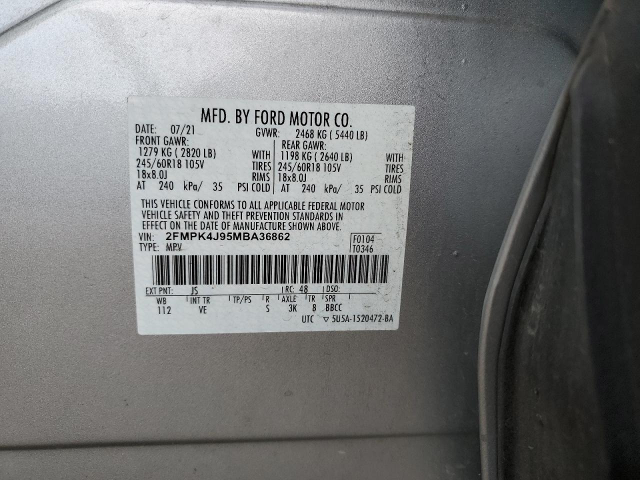 2021 Ford Edge Sel VIN: 2FMPK4J95MBA36862 Lot: 91775085