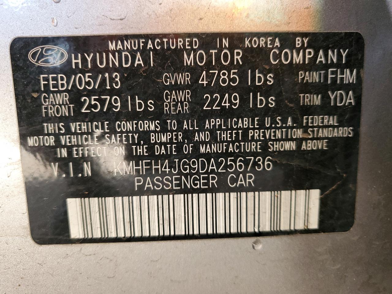 2013 Hyundai Azera Gls VIN: KMHFH4JG9DA256736 Lot: 93706415