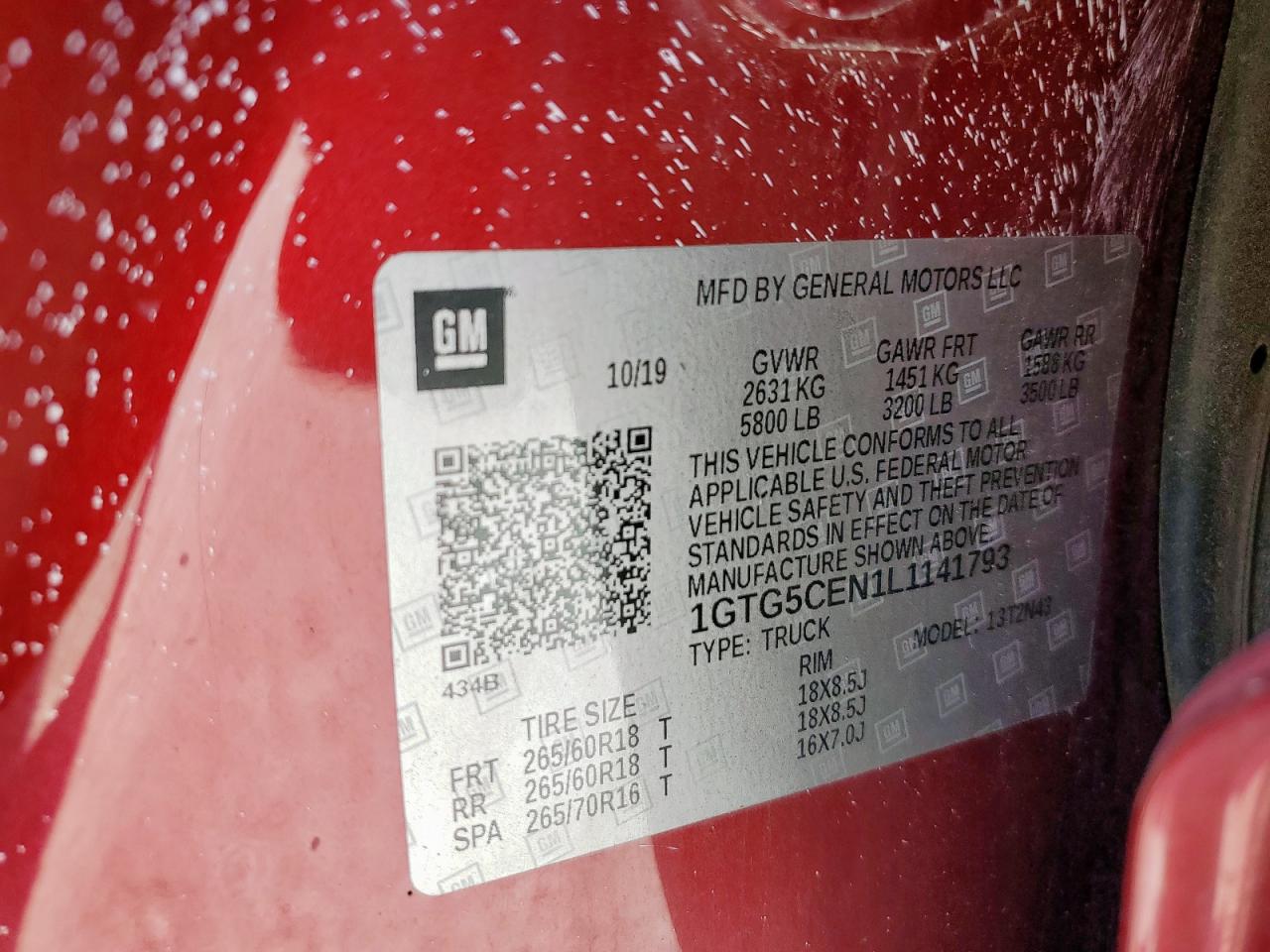 2020 GMC Canyon Sle VIN: 1GTG5CEN1L1141793 Lot: 91896445