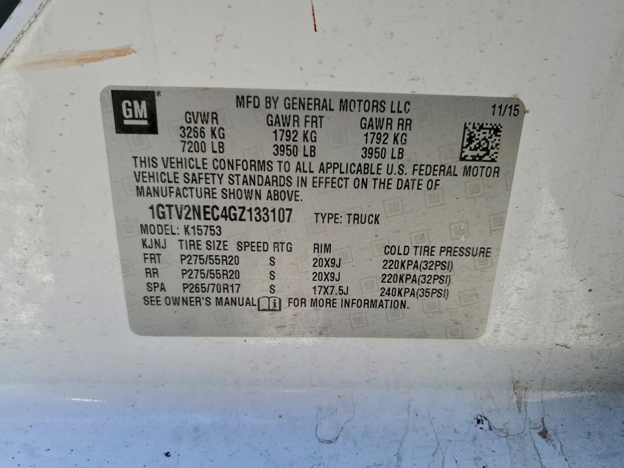 2016 GMC Sierra K1500 Slt VIN: 1GTV2NEC4GZ133107 Lot: 94503415