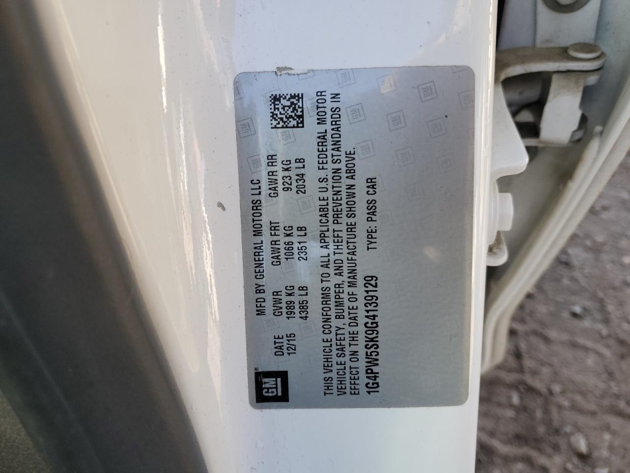 2016 Buick Verano Sport Touring VIN: 1G4PW5SK9G4139129 Lot: 93602855