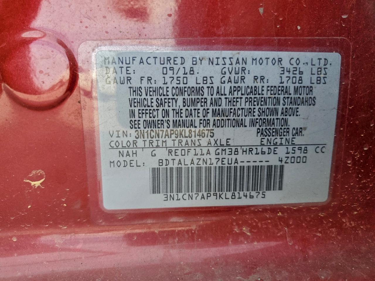 2019 Nissan Versa S VIN: 3N1CN7AP9KL814675 Lot: 93897975