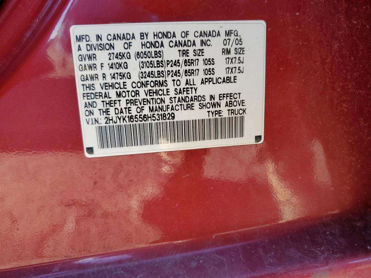 2006 Honda Ridgeline Rtl VIN: 2HJYK16556H531829 Lot: 93180145