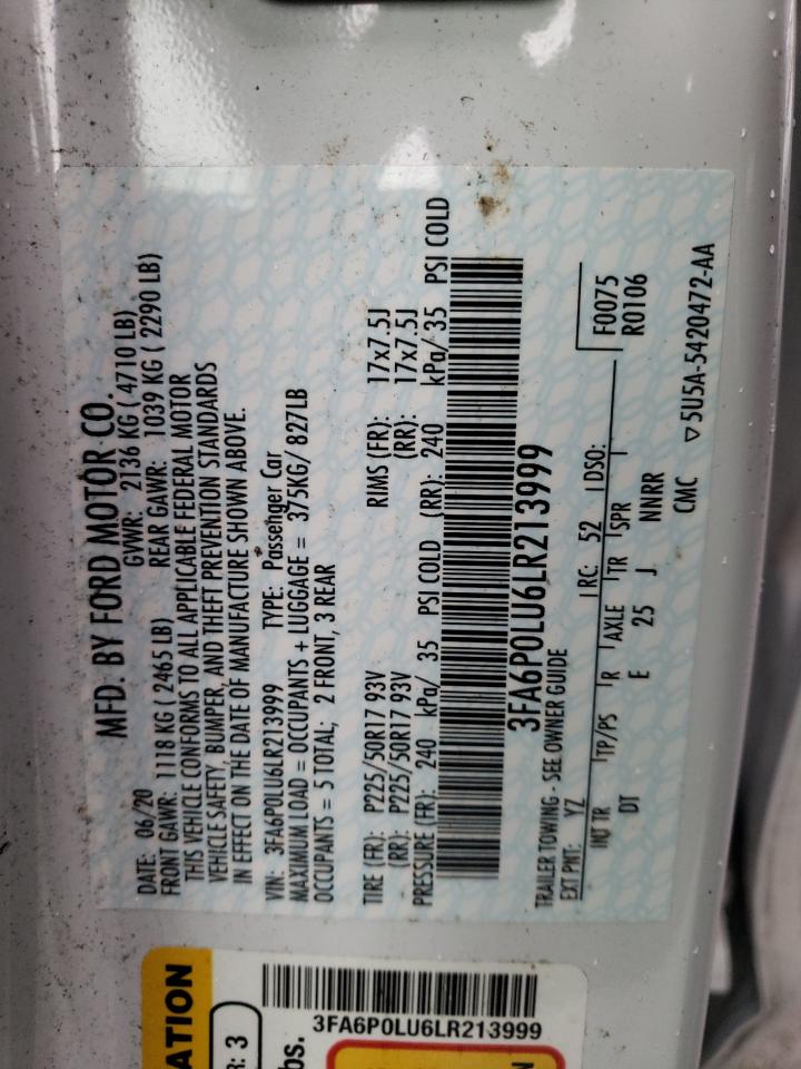 2020 Ford Fusion Se VIN: 3FA6P0LU6LR213999 Lot: 91738455