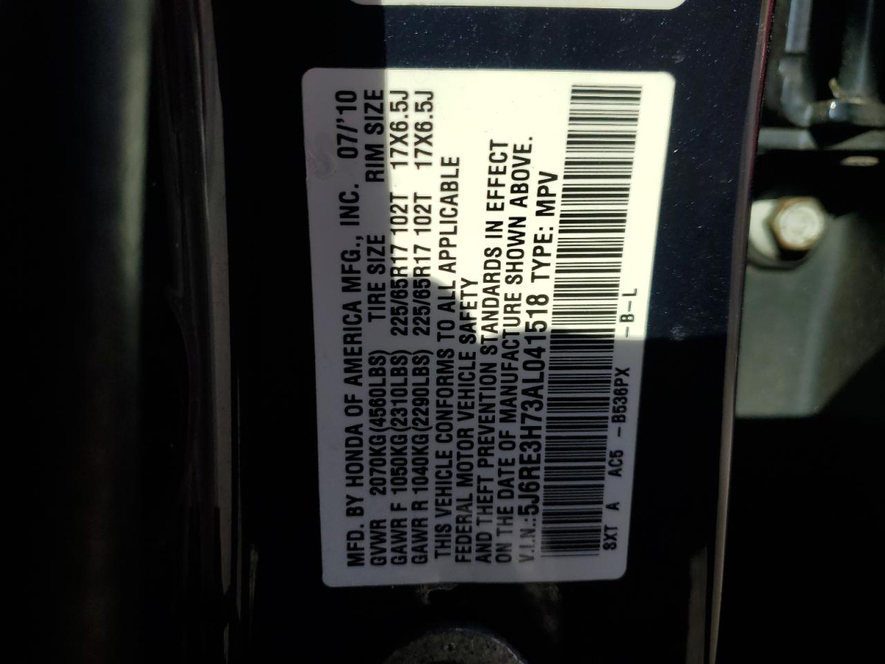 2010 Honda Cr-V Exl VIN: 5J6RE3H73AL041518 Lot: 91984675