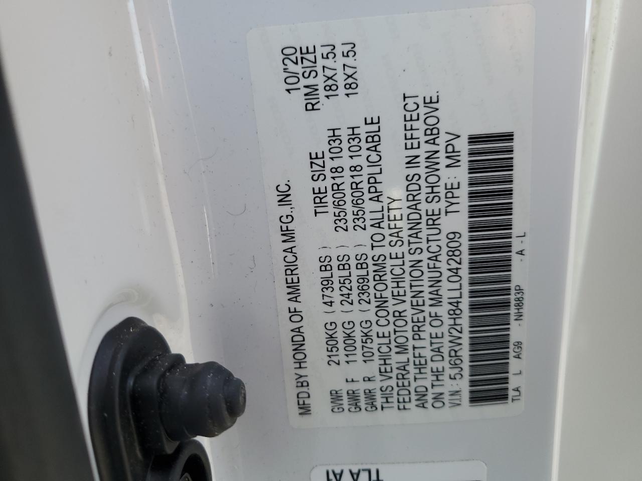 2020 Honda Cr-V Exl VIN: 5J6RW2H84LL042809 Lot: 93130085