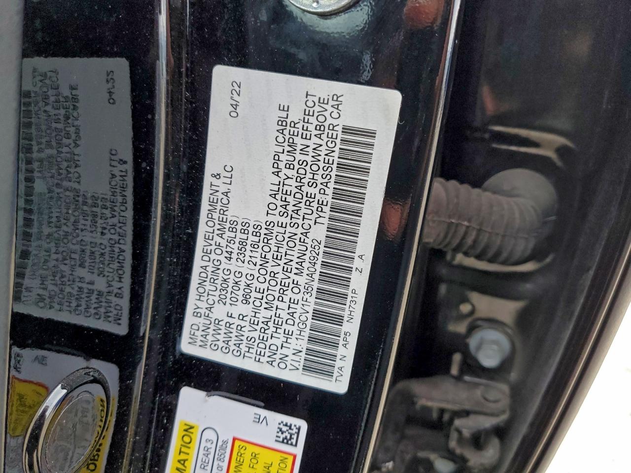 2022 Honda Accord Sport VIN: 1HGCV1F35NA049252 Lot: 94284795