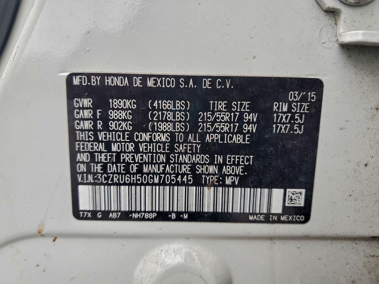 2016 Honda Hr-V Ex VIN: 3CZRU6H50GM705445 Lot: 94294445