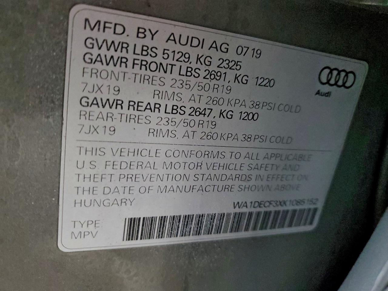 2019 Audi Q3 Premium S Line VIN: WA1DECF3XK1085152 Lot: 93740385