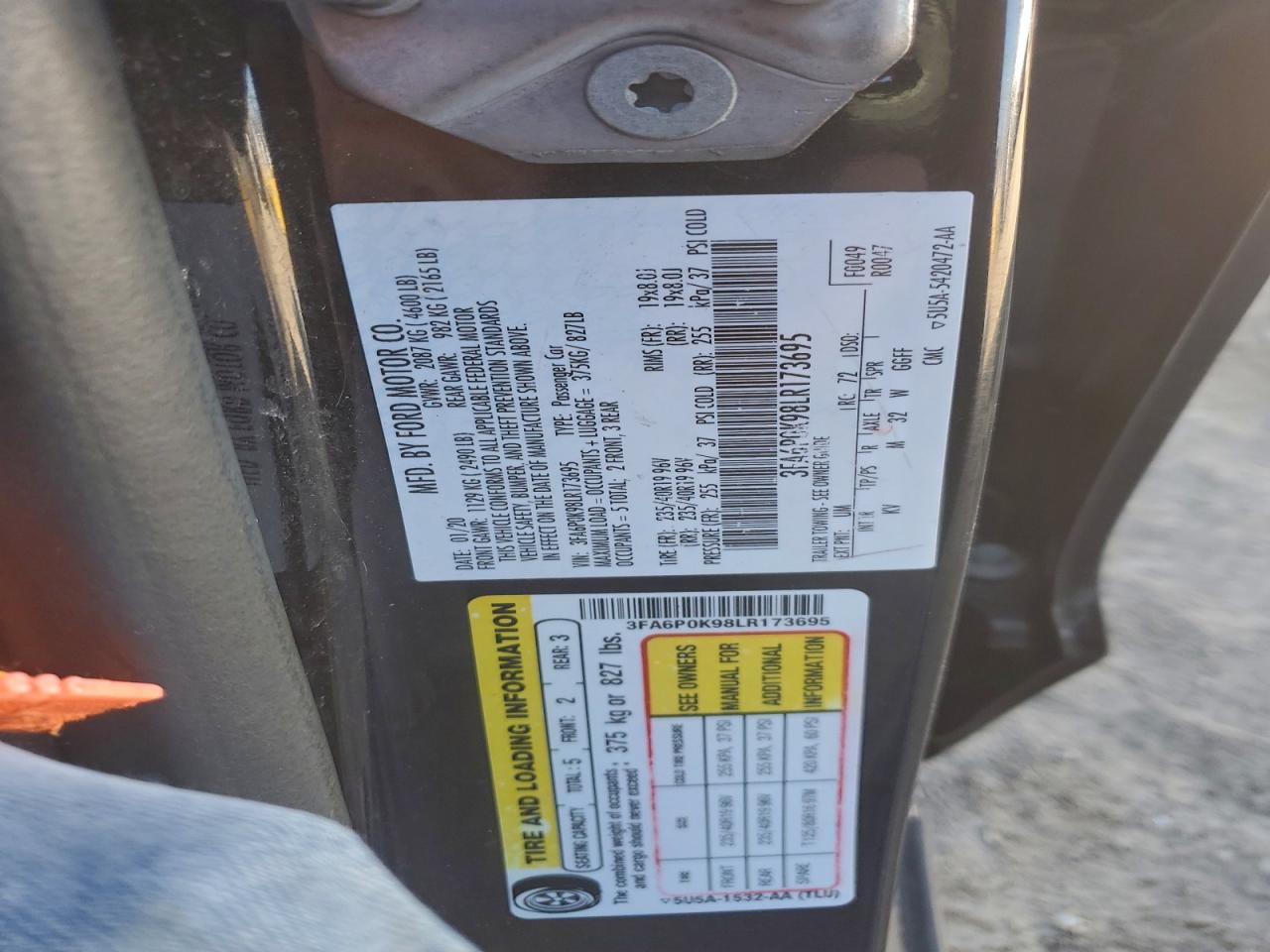 2020 Ford Fusion Titanium VIN: 3FA6P0K98LR173695 Lot: 94596525