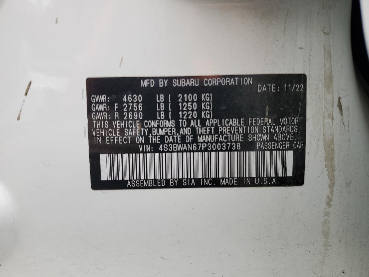 2023 Subaru Legacy Limited VIN: 4S3BWAN67P3003738 Lot: 92288095