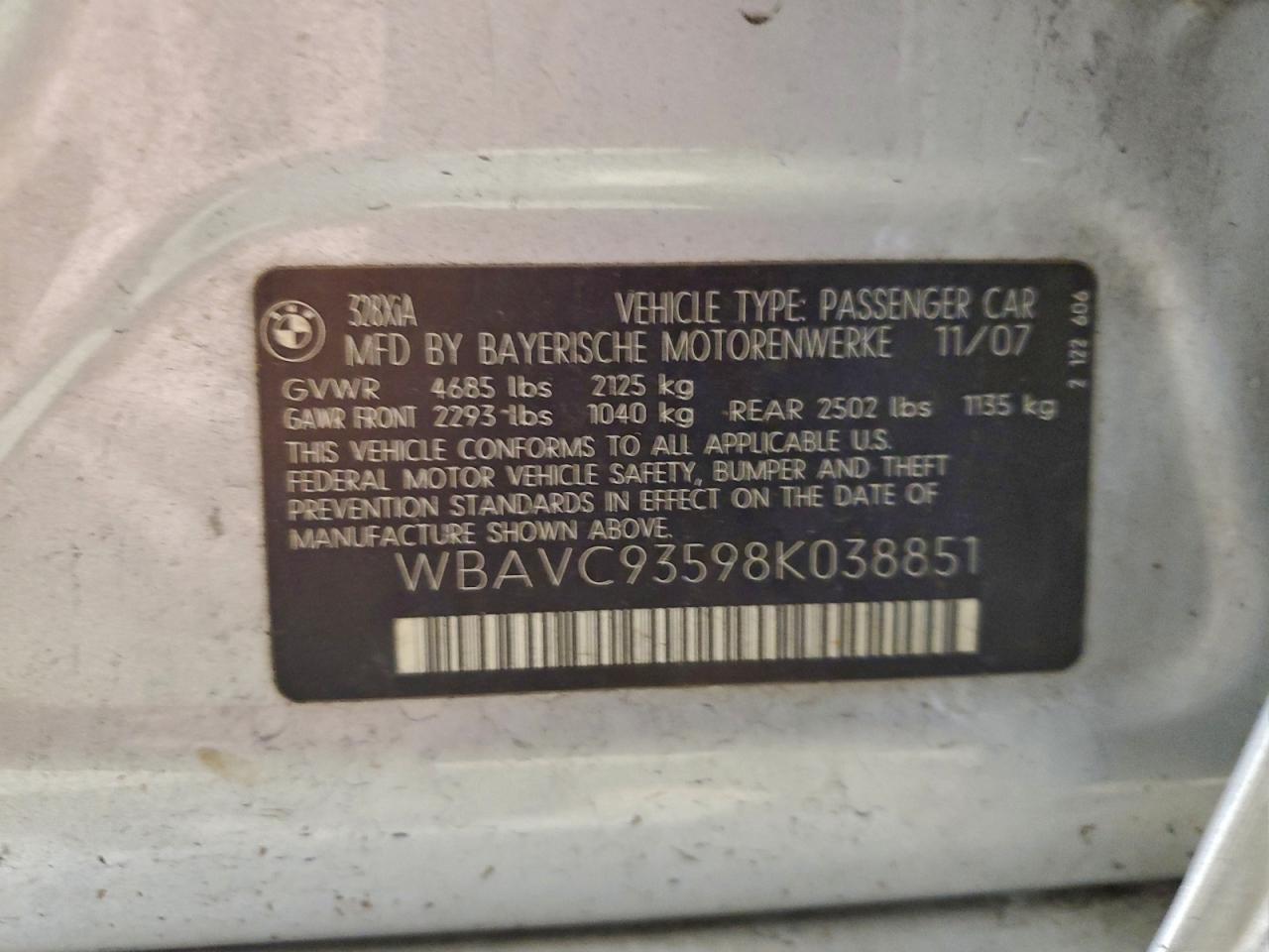 2008 BMW 328 Xi VIN: WBAVC93598K038851 Lot: 93423525