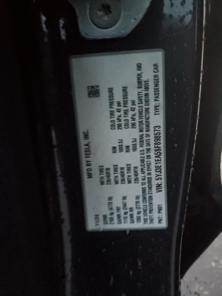 2025 Tesla Model 3 VIN: 5YJ3E1EA5SF898573 Lot: 93861225