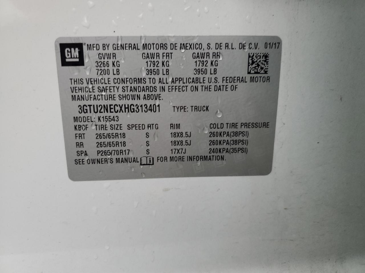 2017 GMC Sierra K1500 Slt VIN: 3GTU2NECXHG313401 Lot: 93470315