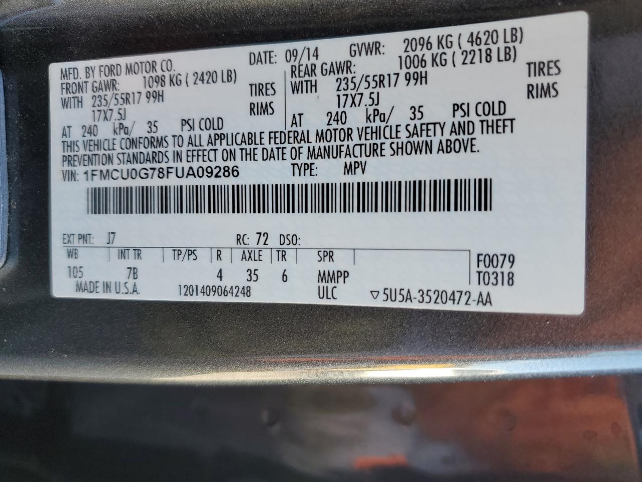 2015 Ford Escape Se VIN: 1FMCU0G78FUA09286 Lot: 91358905