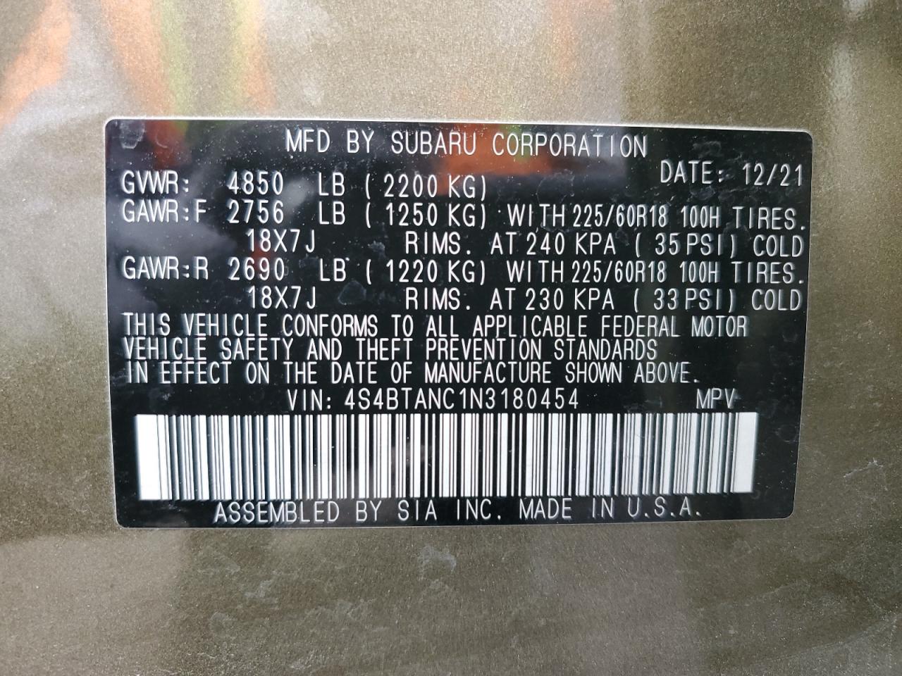 2022 Subaru Outback Limited VIN: 4S4BTANC1N3180454 Lot: 93065525