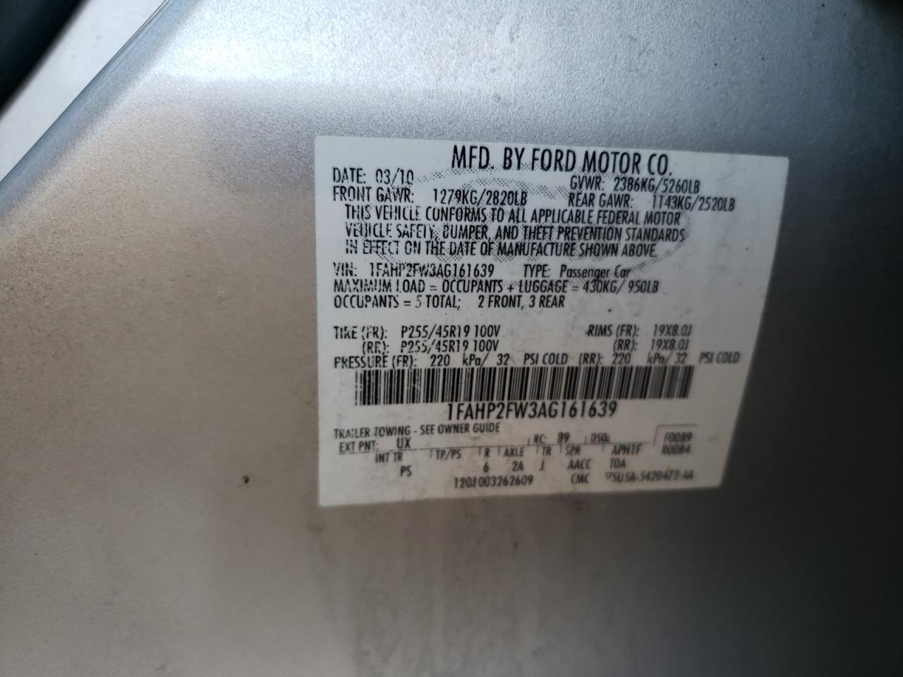 2010 Ford Taurus Limited VIN: 1FAHP2FW3AG161639 Lot: 93283665