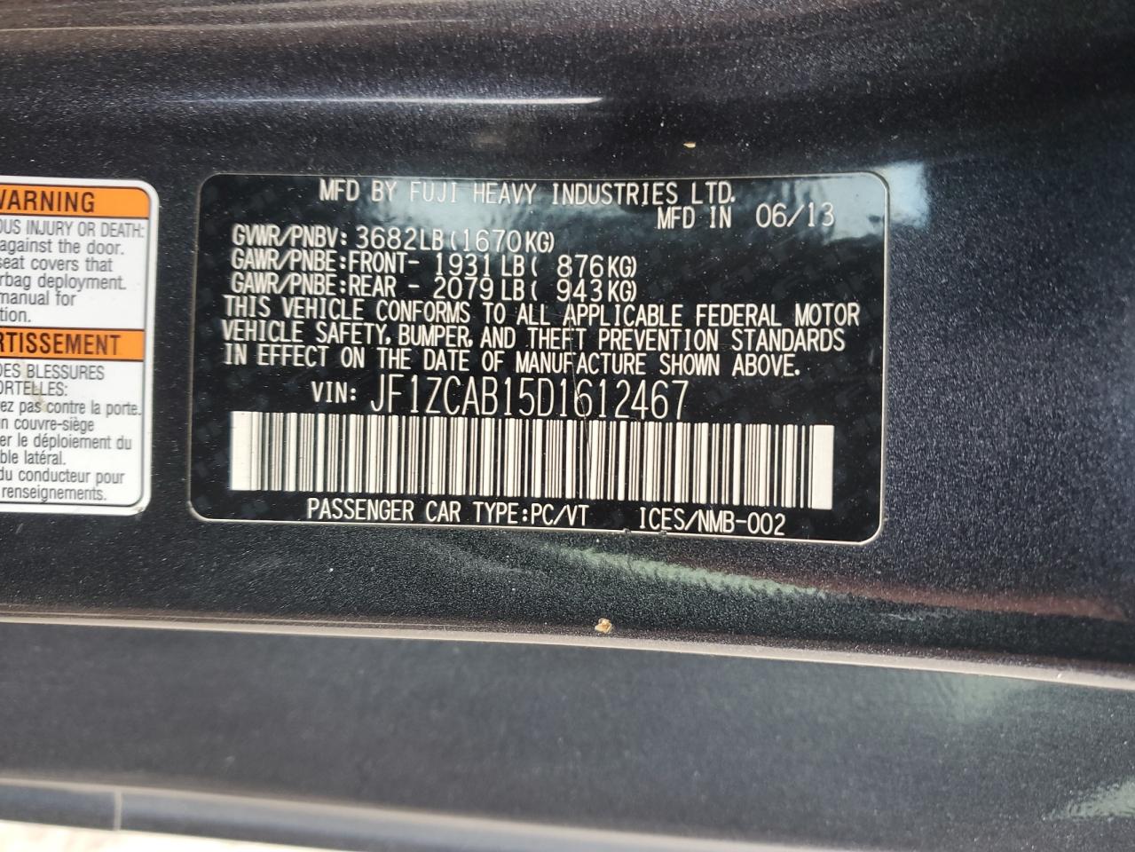 2013 Subaru Brz 2.0 Premium VIN: JF1ZCAB15D1612467 Lot: 92851305