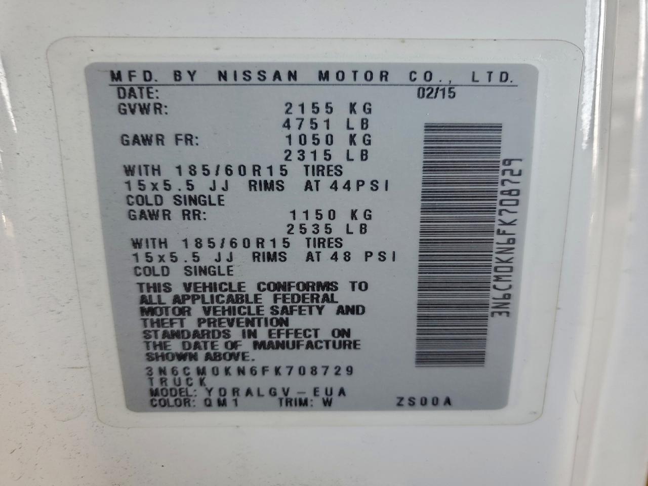 2015 Nissan Nv200 2.5S VIN: 3N6CM0KN6FK708729 Lot: 92991815